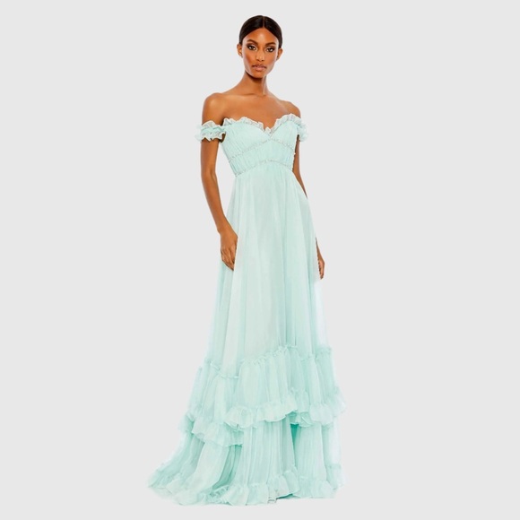 sachin and babi light blue dress Mac Duggal Women's High Neck Puff Sleeve Ruffle Tiered Dress - Green - Size 18